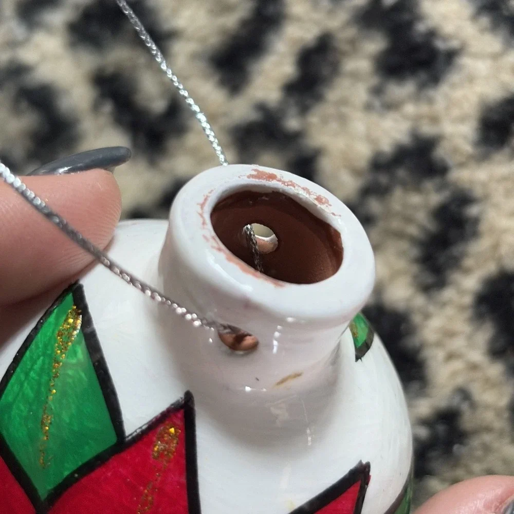 Hand Painted Floral - Clay Terra Cotta Ornament Ball Mexico -‎ Poinsetta Holiday